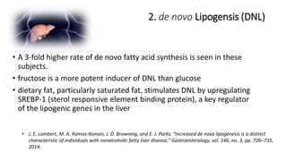 2. de novo Lipogensis (DNL)
• J. E. Lambert, M. A. Ramos-Roman, J. D. Browning, and E. J. Parks, “Increased de novo lipogenesis is a distinct
characteristic of individuals with nonalcoholic fatty liver disease,” Gastroenterology, vol. 146, no. 3, pp. 726–735,
2014.
• A 3-fold higher rate of de novo fatty acid synthesis is seen in these
subjects.
• fructose is a more potent inducer of DNL than glucose
• dietary fat, particularly saturated fat, stimulates DNL by upregulating
SREBP-1 (sterol responsive element binding protein), a key regulator
of the lipogenic genes in the liver
 