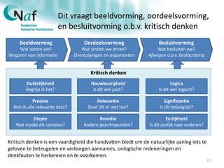 Dit vraagt beeldvorming, oordeelsvorming,
en besluitvorming o.b.v. kritisch denken
15
Beeldvorming
Wat weten we?
Vergaren van informatie
Oordeelsvorming
Wat vinden we ervan?
Overtuigingen en argumenten
Besluitvorming
Wat besluiten we?
Afwegen o.b.v. besliscriteria
Kritisch denken
Duidelijkheid
Begrijp ik het?
Nauwkeurigheid
Is dit wel juist?
Precisie
Heb ik alle relevante data?
Relevantie
Doet dit er wel toe?
Diepte
Wat maakt dit complex?
Breedte
Andere gezichtspunten?
Logica
Is dit wel logisch?
Significantie
Is dit belangrijk?
Eerlijkheid
Is dit eerlijk naar anderen?
Kritisch denken is een vaardigheid die handvatten biedt om de natuurlijke aanleg iets te
geloven te beteugelen en verborgen aannames, onlogische redeneringen en
denkfouten te herkennen en te voorkomen.
 