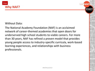 Without Data:
The National Academy Foundation (NAF) is an acclaimed
network of career-themed academies that open doors for
underserved high school students to viable careers. For more
than 30 years, NAF has refined a proven model that provides
young people access to industry-specific curricula, work-based
learning experiences, and relationships with business
professionals.
Why NAF?
#NAFNext2014
Lisa
 