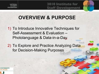 Overview & PurposeTo Introduce Innovative Techniques for Self-Assessment & Evaluation – Photolanguage & Data-in-a-DayTo Explore and Practice Analyzing Data for Decision-Making Purposes