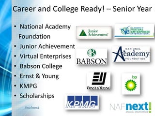#nafnext
Career and College Ready! – Senior Year
• National Academy
Foundation
• Junior Achievement
• Virtual Enterprises
• Babson College
• Ernst & Young
• KMPG
• Scholarships
 