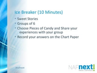 #nafnext
Ice Breaker (10 Minutes)
• Sweet Stories
• Groups of 6
• Choose Pieces of Candy and Share your
experiences with your group
• Record your answers on the Chart Paper
 