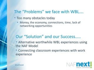 #nafnext
The “Problems” we face with WBL….
• Too many obstacles today
 Money, the economy, connections, time, lack of
networking opportunities
Our “Solution” and our Success…..
• Alternative worthwhile WBL experiences using
the NAF Model
• Connecting classroom experiences with work
experience
 