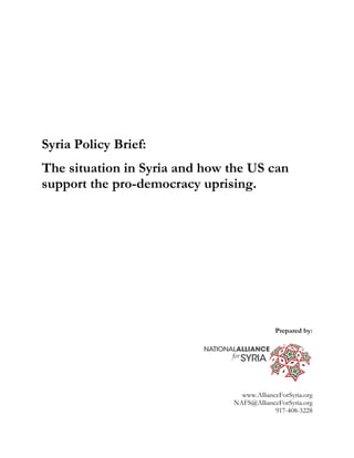 Syria Policy Brief:
The situation in Syria and how the US can
support the pro-democracy uprising.




                                            Prepared by:




                                 www.AllianceForSyria.org
                               NAFS@AllianceForSyria.org
                                            917-408-3228
 