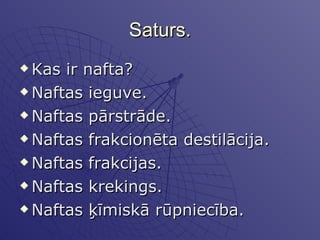 Kas ir nafta? Naftas ieguve. Naftas pārstrāde. Naftas frakcionēta destilācija. Naftas frakcijas. Naftas krekings. Naftas ķīmiskā rūpniecība. Saturs. 