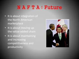N A F T A : Future
• It is about integration of
the North American
marketplace
• It is about moving up
the value-added chain
• It is about maintaining
and increasing
competitiveness and
productivity
 