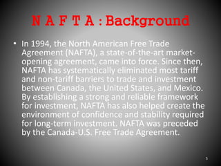 N A F T A : Background
• In 1994, the North American Free Trade
Agreement (NAFTA), a state-of-the-art market-
opening agreement, came into force. Since then,
NAFTA has systematically eliminated most tariff
and non-tariff barriers to trade and investment
between Canada, the United States, and Mexico.
By establishing a strong and reliable framework
for investment, NAFTA has also helped create the
environment of confidence and stability required
for long-term investment. NAFTA was preceded
by the Canada-U.S. Free Trade Agreement.
5
 