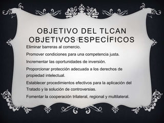 OBJETIVO DEL TLCAN
OBJETIVOS ESPECÍFICOS
Eliminar barreras al comercio.
Promover condiciones para una competencia justa.
Incrementar las oportunidades de inversión.
Proporcionar protección adecuada a los derechos de
propiedad intelectual.
Establecer procedimientos efectivos para la aplicación del
Tratado y la solución de controversias.
Fomentar la cooperación trilateral, regional y multilateral.
 