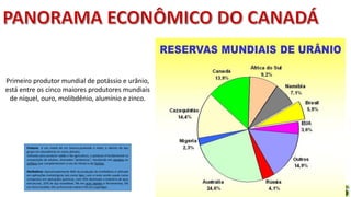 Apresentação elaborada pela Professora FERNANDA BRUM LOPES - Geografia
Potássio é um metal de cor branco-prateado e mole, o sétimo do seu
grupo em abundância no nosso planeta.
Utilizado para produzir sabão e Na agricultura, o potássio é fundamental na
composição de adubos, chamados "potássicos", resultando em cloretos ou
sulfatos que complementam o uso do nitrato e do fosfato.
Molibdênio: Aproximadamente 86% da produção de molibdênio é utilizada
em aplicações metalúrgicas tais como ligas, com o resto sendo usado como
compostos em aplicações químicas, com 35% destinado a indústria de aços
estruturais, 25% de aço inoxidável, 9% em aços rápidos e ferramentas, 6%
em ferro fundido, 6% na forma do metal e 5% em superligas.
Primeiro produtor mundial de potássio e urânio,
está entre os cinco maiores produtores mundiais
de níquel, ouro, molibdênio, alumínio e zinco.
 