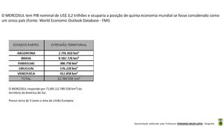 Apresentação elaborada pela Professora FERNANDA BRUM LOPES - Geografia
O MERCOSUL tem PIB nominal de US$ 3,2 trilhões e ocuparia a posição de quinta economia mundial se fosse considerado como
um único país (Fonte: World Economic Outlook Database - FMI)
O MERCOSUL responde por 71,8% (12.789.558 km²) do
território da América do Sul.
Possui cerca de 3 vezes a área da União Europeia
 