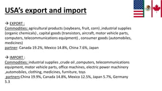 USA’s export and import
 EXPORT :
Commodities: agricultural products (soybeans, fruit, corn) ,industrial supplies
(organic chemicals) , capital goods (transistors, aircraft, motor vehicle parts,
computers, telecommunications equipment) , consumer goods (automobiles,
medicines)
partner: Canada 19.2%, Mexico 14.8%, China 7.6%, Japan
 IMPORT :
Commodities: industrial supplies ,crude oil ,computers, telecommunications
equipment, motor vehicle parts, office machines, electric power machinery
,automobiles, clothing, medicines, furniture, toys
partners:China 19.9%, Canada 14.8%, Mexico 12.5%, Japan 5.7%, Germany
5.3
 