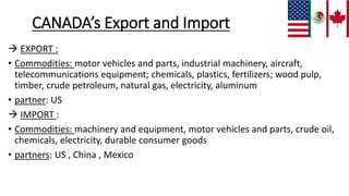 CANADA’s Export and Import
 EXPORT :
• Commodities: motor vehicles and parts, industrial machinery, aircraft,
telecommunications equipment; chemicals, plastics, fertilizers; wood pulp,
timber, crude petroleum, natural gas, electricity, aluminum
• partner: US
 IMPORT :
• Commodities: machinery and equipment, motor vehicles and parts, crude oil,
chemicals, electricity, durable consumer goods
• partners: US , China , Mexico
 