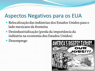Aspectos Negativos para os EUA
 Relocalizaçãodas indústrias dos Estados Unidos para o
lado mexicano da fronteira
 Desindustrialização(perda da importância da
indústria na economia dos Estados Unidos)
 Desemprego
 