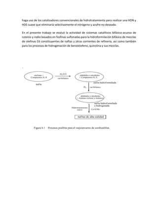 haga uso de los catalizadores convencionales de hidrotratamiento para realizar una HDN y
HDS suave que eliminaría selectivamente el nitrógeno y azufre no deseado.

En el presente trabajo se evaluó la actividad de sistemas catalíticos bifásico-acuoso de
rutenio y rodio basados en fosfinas sulfonadas para la hidroformilación bifásica de mezclas
de olefinas C6 constituyentes de naftas y otras corrientes de refinería, así como también
para los procesos de hidrogenación de benzotiofeno, quinolina y sus mezclas.
 