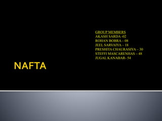 GROUP MEMBERS
AKASH SARDA -02
ROHAN BOBRA – 08
JEEL SARVAIYA – 18
PRESHITA CHAURASIYA – 30
STEFFI MASCARENHAS – 48
JUGAL KANABAR- 54
 