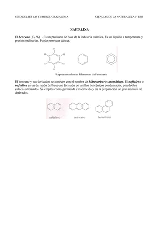 SESO DEL IES LAS CUMBRES. GRAZALEMA                          CIENCIAS DE LA NATURALEZA 1º ESO



                                          NAFTALINA

El benceno (C6 H6) . Es un producto de base de la industria química. Es un líquido a temperatura y
presión ordinarias. Puede provocar cáncer.




                              Representaciones diferentes del benceno

El benceno y sus derivados se conocen con el nombre de hidrocarburos aromáticos. El naftaleno o
naftalina es un derivado del benceno formado por anillos bencénicos condensados, con dobles
enlaces alternados. Se emplea como germicida e insecticida y en la preparación de gran número de
derivados.
 