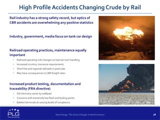 38
High Profile Accidents Changing Crude by Rail
Rail industry has a strong safety record, but optics of
CBR accidents are overwhelming any positive statistics
Industry, government, media focus on tank car design
Railroad operating practices, maintenance equally
important
 Railroad operating rule changes on hazmat train handling
 Increased scrutiny, insurance requirements
 Short line and regional railroads in particular
 May have consequences in CBR freight rates
Increased product testing, documentation and
traceability (FRA directive)
 Oil chemistry varies by well/pad
 Concerns with extremely low flash and boiling points
 Bakken terminals at varying levels of compliance
New Energy: The Game Changer in North America
 