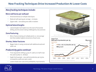 7
New fracking techniques include:
More well bores per well pad
 Directional bores to multiple shale layers
 Reduced well spacing per acreage – increases
 Zipper wells – stimulating two wells in tandem
Optimal lateral lengths
 Lateral lengths had tripled since the start of horizontal
drilling, but this trend is being challenged by new practices
Zone fracturing
 Micro-fracture testing at multiple points vs. one average
test that enables highest extractions of each zone
Shorter, fatter fractures
 Bigger holes in casing combined with additional sand and
water use
Productivity gains continue!
 Time required for drilling 15,000+ ft. well cut in half in last
two years (9 days vs. 18 days)
 Eagle Ford example – new well oil production per rig has
increased by 150% over past 3 years
 Lowers break even costs drive profitability improvements
New Fracking Techniques Drive Increased Production At Lower Costs
Source: Marathon, February 2014
New Energy: The Game Changer in North America
Source: EIA Drilling Productivity Report, April 2014
 