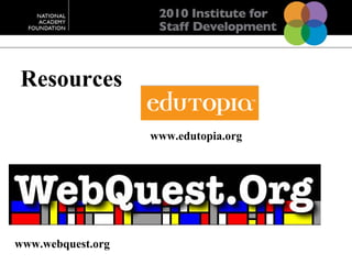 Resources www.edutopia.org www.webquest.org 