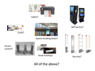 All of the above?
Labels?
Cards?
Asset tracking?
Self Service?
Security?
Access
control?
System building block?
 