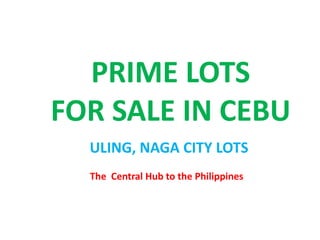 The Central Hub to the Philippines
PRIME LOTS
FOR SALE IN CEBU
ULING, NAGA CITY LOTS
 