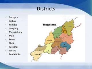 Districts
• Dimapur
• Kiphire
• Kohima
• Longleng
• Mokokchung
• Mon
• Peren
• Phek
• Tuesang
• Wokha
• Zunheboto
 