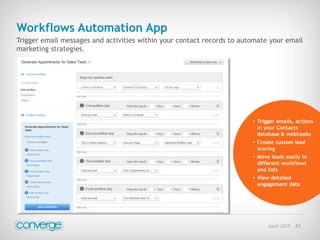 April 2015 - 51
Workflows Automation App
Trigger email messages and activities within your contact records to automate your email
marketing strategies.
• Trigger emails, actions
in your Contacts
database & webhooks
• Create custom lead
scoring
• Move leads easily to
different workflows
and lists
• View detailed
engagement data
 