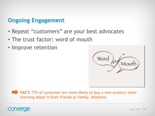 April 2015 - 54
Ongoing Engagement
• Repeat “customers” are your best advocates
• The trust factor: word of mouth
• Improve retention
FACT: 77% of consumer are more likely to buy a new product when
learning about it from friends or family. (Nielsen)
 
