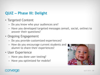 April 2015 - 58
QUIZ – Phase III: Delight
• Targeted Content
– Do you know who your audiences are?
– Have you developed targeted messages (email, social, online) to
answer their questions?
• Ongoing Engagement
– Do you provide customized experiences?
– How do you encourage current students and
alumni to share their experiences?
• User Experience
– Have you done user testing?
– Have you optimized for mobile?
 