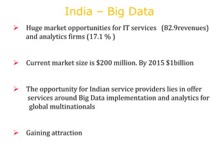 India – Big Data
 Huge market opportunities for IT services (82.9revenues)
and analytics firms (17.1 % )
 Current market...
