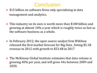 Conclusion
 $15 billion on software firms only specializing in data
management and analytics.
 This industry on its own ...