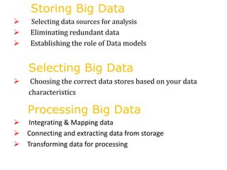 Storing Big Data
 Selecting data sources for analysis
 Eliminating redundant data
 Establishing the role of Data models...