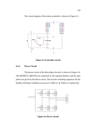 109
The circuit diagram of the micro-controller is shown in Figure 6.3.
Figure 6.3 Controller circuit
6.2.4 Power Circuit
The power circuit of the three phase inverter is shown in Figure 6.4.
The MOSFETs (IRF530) are connected in the required fashion, and the gate
pulses are given by the driver circuit. The inverter switching sequences for the
healthy and faulty conditions are given in Table 6.1 & Table 6.2 respectively.
Figure 6.4 Power circuit
 