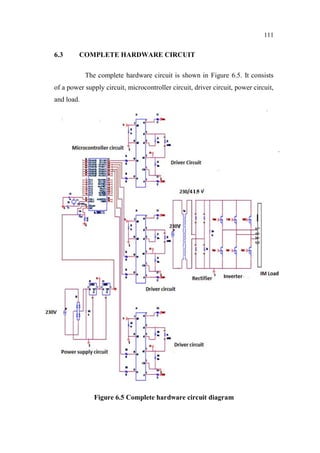 111
6.3 COMPLETE HARDWARE CIRCUIT
The complete hardware circuit is shown in Figure 6.5. It consists
of a power supply circuit, microcontroller circuit, driver circuit, power circuit,
and load.
Figure 6.5 Complete hardware circuit diagram
 