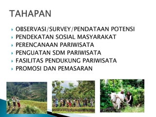  OBSERVASI/SURVEY/PENDATAAN POTENSI
 PENDEKATAN SOSIAL MASYARAKAT
 PERENCANAAN PARIWISATA
 PENGUATAN SDM PARIWISATA
 FASILITAS PENDUKUNG PARIWISATA
 PROMOSI DAN PEMASARAN
 