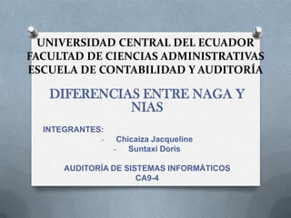 UNIVERSIDAD CENTRAL DEL ECUADOR
FACULTAD DE CIENCIAS ADMINISTRATIVAS
ESCUELA DE CONTABILIDAD Y AUDITORÍA

   DIFERENCIAS ENTRE NAGA Y
             NIAS
  INTEGRANTES:
             -    Chicaiza Jacqueline
                 -   Suntaxi Doris

      AUDITORÍA DE SISTEMAS INFORMÁTICOS
                      CA9-4
 