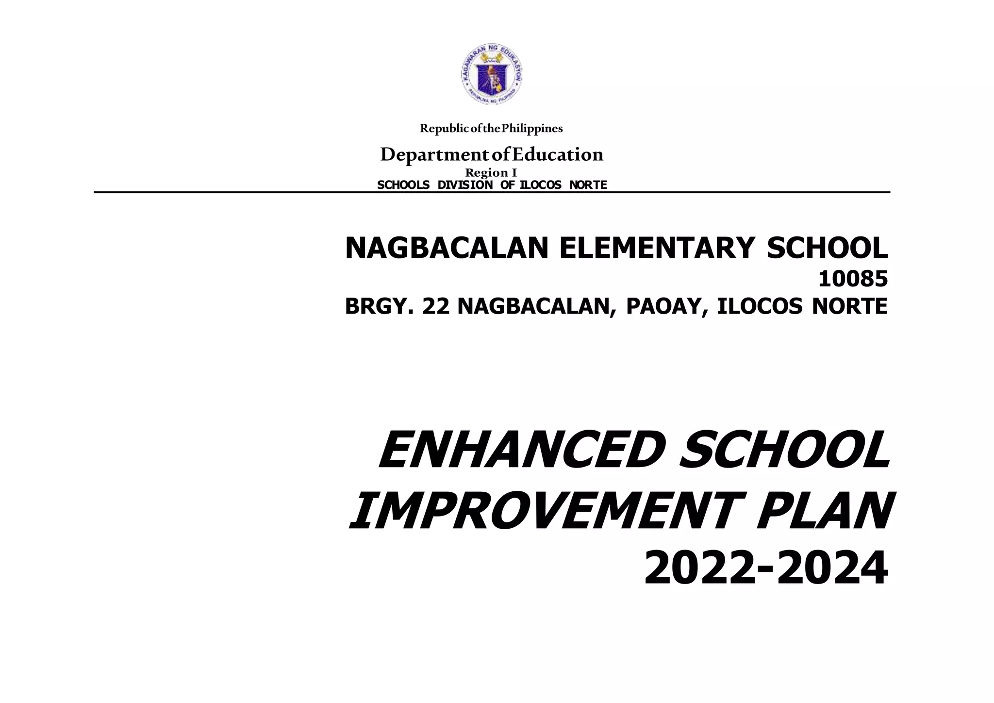 RepublicofthePhilippines
DepartmentofEducation
Region I
SCHOOLS DIVISION OF ILOCOS NORTE
NAGBACALAN ELEMENTARY SCHOOL
10085
BRGY. 22 NAGBACALAN, PAOAY, ILOCOS NORTE
ENHANCED SCHOOL
IMPROVEMENT PLAN
2022-2024
 