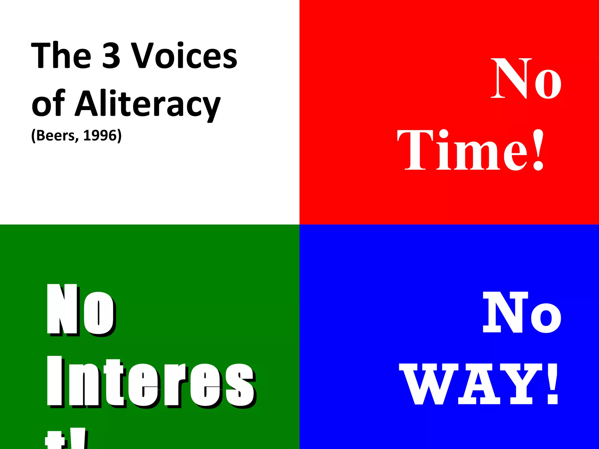 No Time!  No Interest!  No WAY! The 3 Voices of Aliteracy (Beers, 1996) 