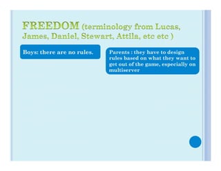 Boys: there are no rules.   Parents : they have to design
                            rules based on what they want to
                            get out of the game, especially on
                            multiserver
 