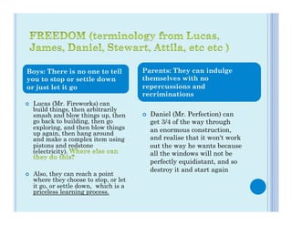 Boys: There is no one to tell              Parents: They can indulge
you to stop or settle down                 themselves with no
or just let it go                          repercussions and
                                           recriminations
¢    Lucas (Mr. Fireworks) can
      build things, then arbitrarily
      smash and blow things up, then       ¢    Daniel (Mr. Perfection) can
      go back to building, then go               get 3/4 of the way through
      exploring, and then blow things            an enormous construction,
      up again, then hang around
      and make a complex item using              and realise that it won't work
      pistons and redstone                       out the way he wants because
      (electricity).                             all the windows will not be
                                                 perfectly equidistant, and so
                                                 destroy it and start again
¢    Also, they can reach a point
      where they choose to stop, or let
      it go, or settle down,  which is a
      priceless learning process.
 