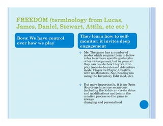 Boys: We have control   They learn how to self-
over how we play        monitor; it invites deep
                        engagement
                        ¢    Me: The game has a number of
                              modes which require them to follow
                              rules to achieve specific goals (aka
                              other video games), but in general
                              they can decide how they want to
                              play (soon-to-be-released Adventure
                              mode, Player vs Player, Creative
                              with no Monsters, No Cheating (no
                              using the Inventory Edit mod, etc).

                        ¢    But more importantly, it is an Open
                              Source architecture so anyone
                              (including the kids) can create skins
                              and modifications and join in the
                              creative process so the game is
                              always
                              changing and personalised
 