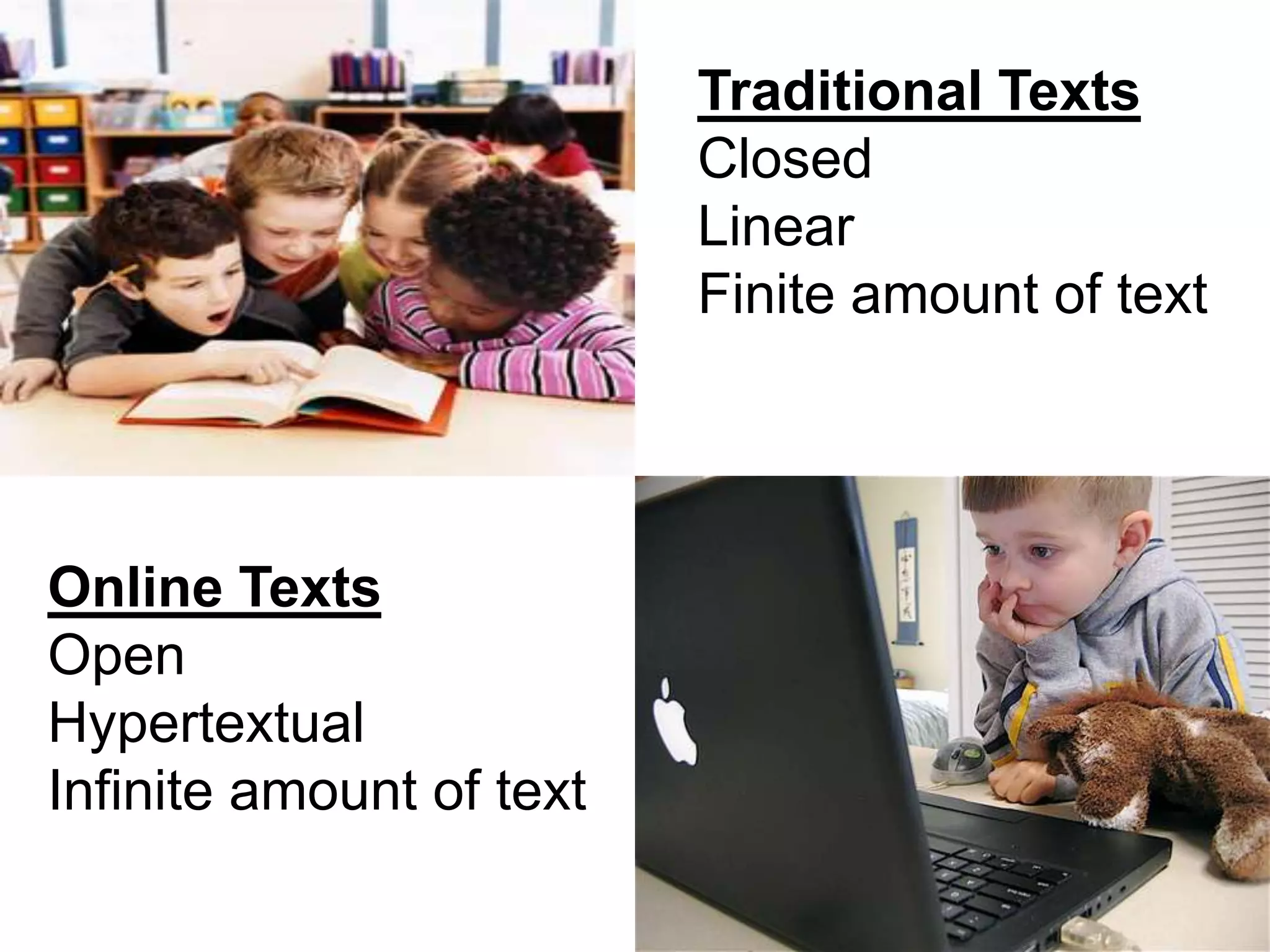Traditional TextsClosedLinearFinite amount of textOnline TextsOpenHypertextualInfinite amount of text