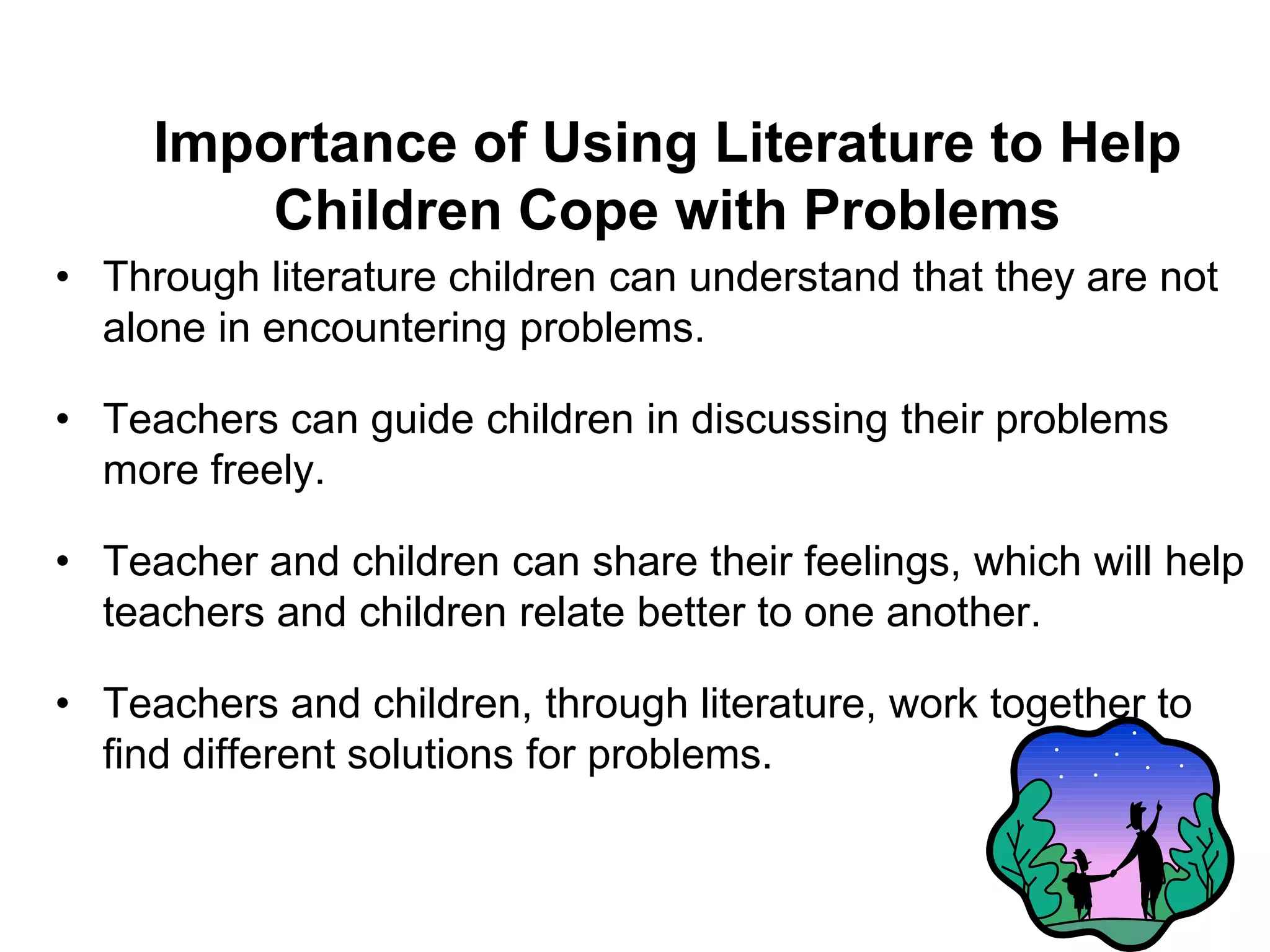 What is Bibliotherapy?Guided reading which helps individuals understand themselves and their environments, helps them learn from others, and helps them find solutions to problems (Byrne, 2005).An interactive process in which the reader becomes part of the unfolding intellectual and emotional process of the story.  The reader responds by modifying his/her own behavior or attitude (Abdullah, 2002).