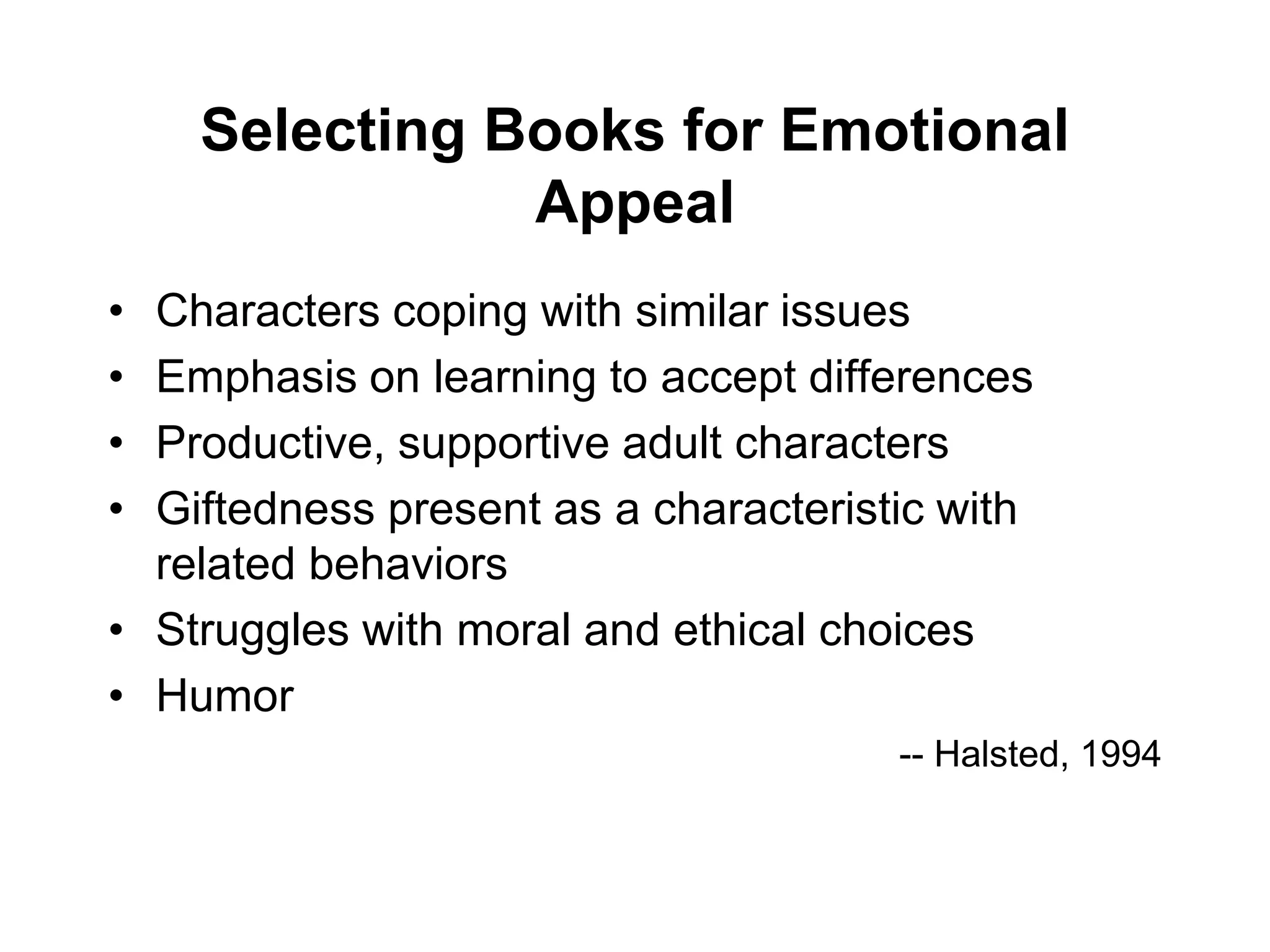 Goals of Bibliotherapyto provide information about problemsto provide insight into problemsto stimulate discussion about problemsto communicate new values and attitudesto create an awareness that others have dealt with similar problemsto provide solutions to problems                                            -Pardeck, 1994