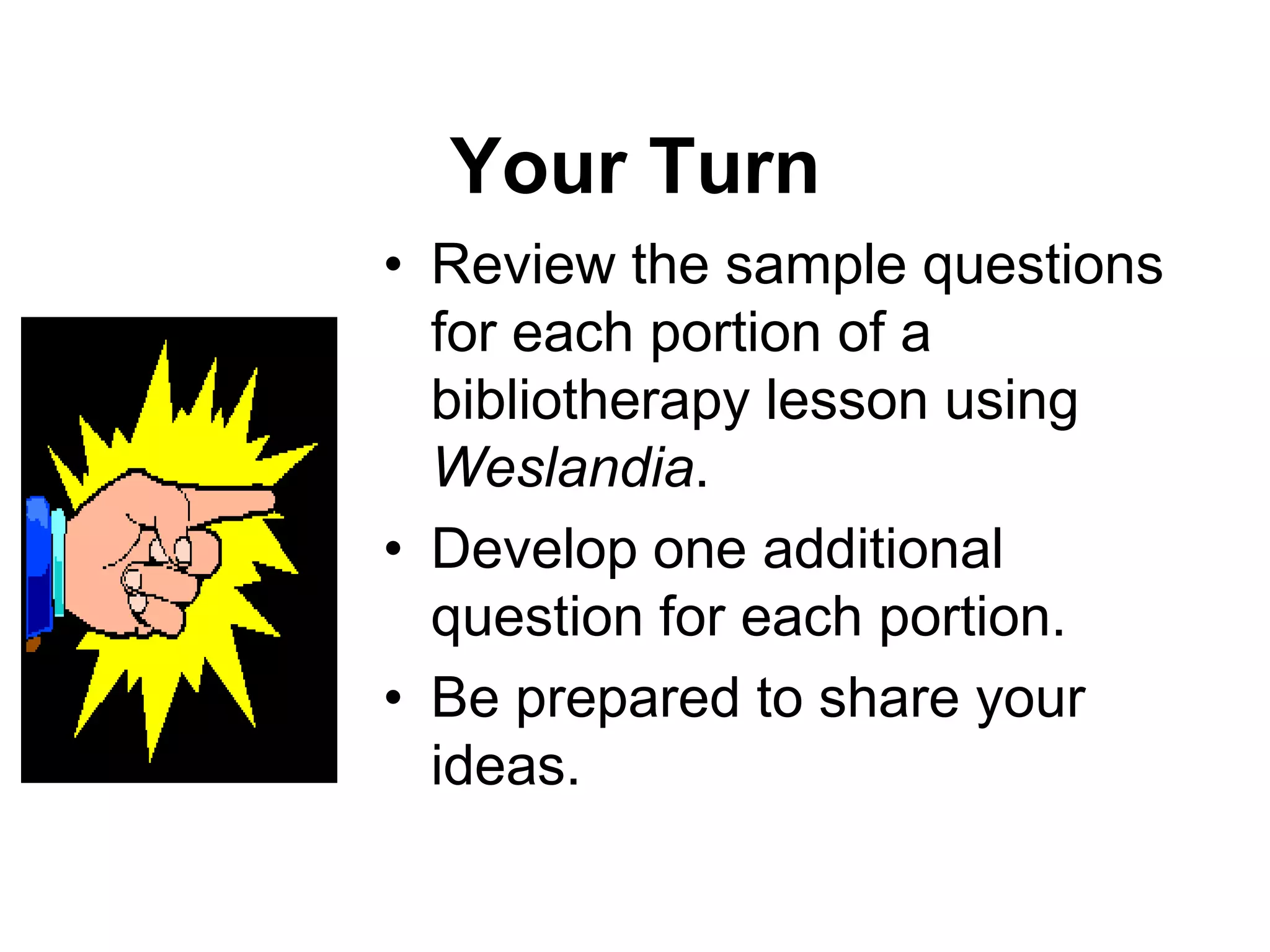 CatharsisHow do you know that Wesley was not like other children his age?Why do you think Wesley felt that he was an outcast?What happens in the book to help Wesley become more accepted by his peers?How did Wesley exhibit resourcefulness?