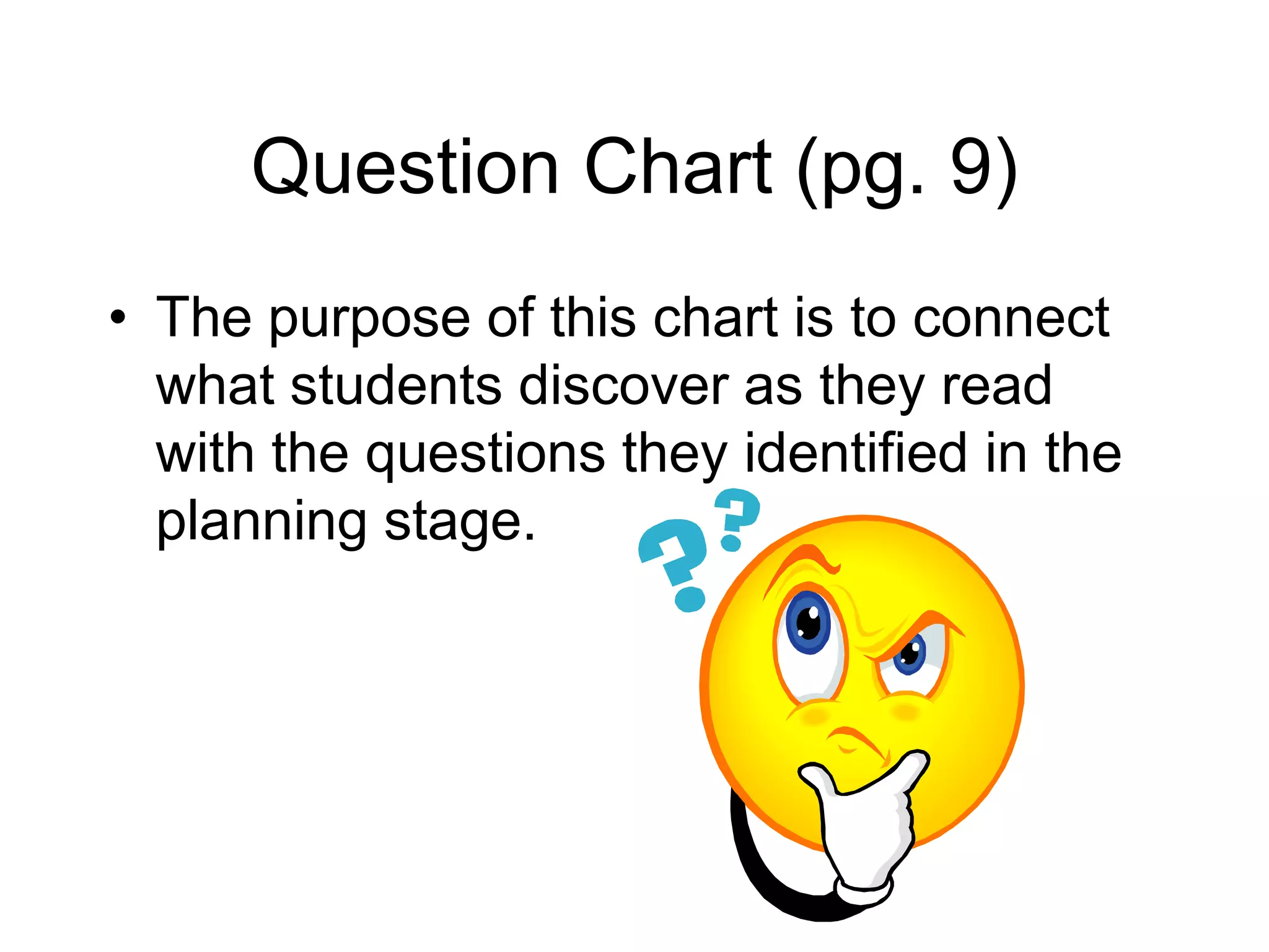 Planning Chart (pg. 6)The purpose of this chart is to encourage students to think about their purpose in reading and their current understanding of the topic under study.