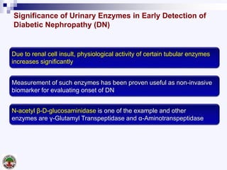 Significance of Urinary Enzymes in Early Detection of
Diabetic Nephropathy (DN)
Due to renal cell insult, physiological activity of certain tubular enzymes
increases significantly
Measurement of such enzymes has been proven useful as non-invasive
biomarker for evaluating onset of DN
N-acetyl β-D-glucosaminidase is one of the example and other
enzymes are γ-Glutamyl Transpeptidase and α-Aminotranspeptidase
 
