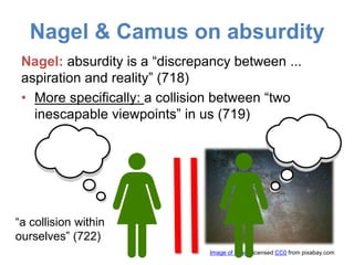Nagel & Camus on absurdity
Nagel: absurdity is a “discrepancy between ...
aspiration and reality” (718)
• More specifically: a collision between “two
inescapable viewpoints” in us (719)
Image of space licensed CC0 from pixabay.com
“a collision within
ourselves” (722)
 