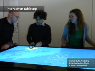 Interac1ve	
  tabletop	
  




                             Jula	
  Lakritz,	
  Nadine	
  Patzig,	
  
                             Stefan	
  Rechsteiner,	
  Mar1n	
  
                             Schissler,	
  Stephan	
  Thiel	
  
 