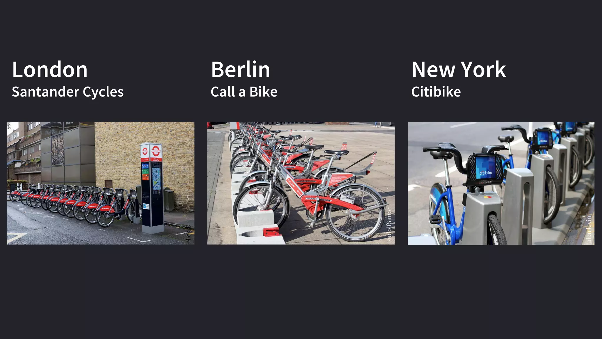 London
Santander Cycles
Berlin
Call a Bike
New York
Citibike
 